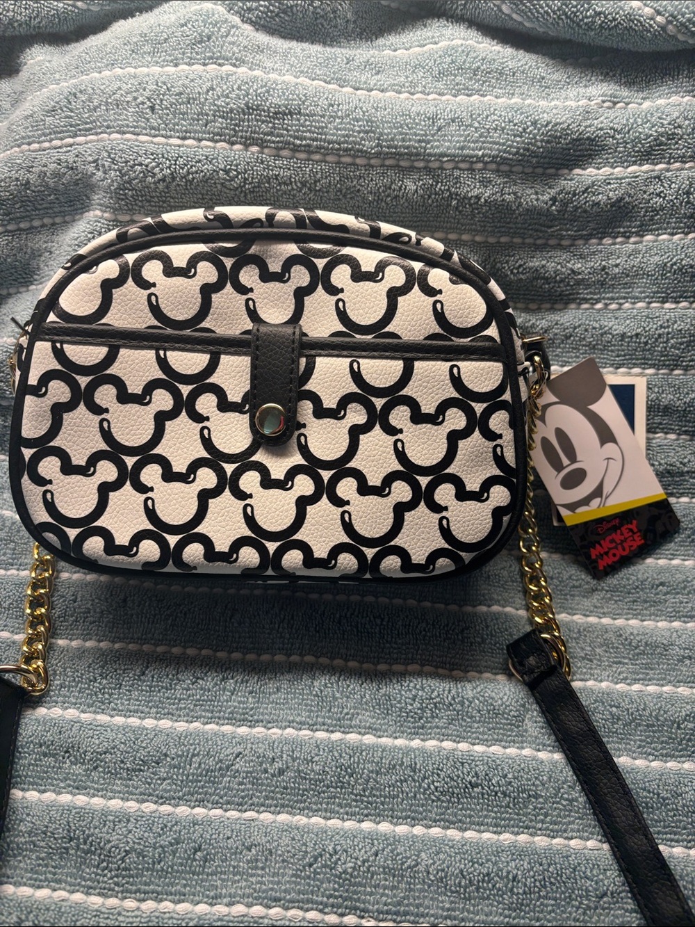 Disney Black & White Mickey Pattern Crossbody Bag with Gold Chain 8 x 5